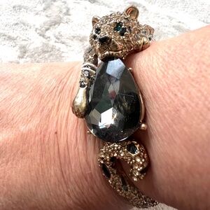 Betsey Johnson Leopard Hinged Bangle Bracelet | Smoky Crystal & Rhinestones -NWT